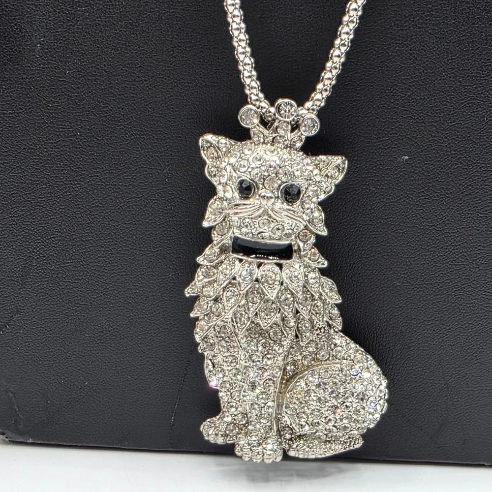 Silver Tone Rhinestone Sitting Cat‎ Pendant Brooch Long Popcorn Chain Necklace